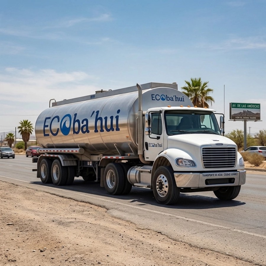 Pipa de agua de Ecoba'hui circulando por una avenida de Ciudad Juárez
